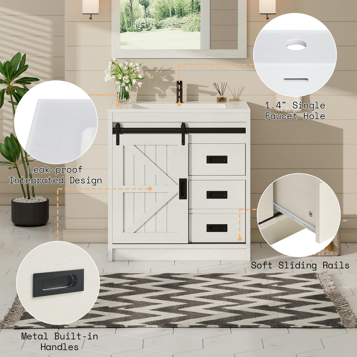 AMERLIFE Farmhouse Bathroom Vanity with Sink Combo, 31in Sliding Barn Door Bathroom Vanity Cabinet Set with Storage Drawers, Metal Handles, Small Single Bath Storage Vanity Sink, Antique White AMERLIFE