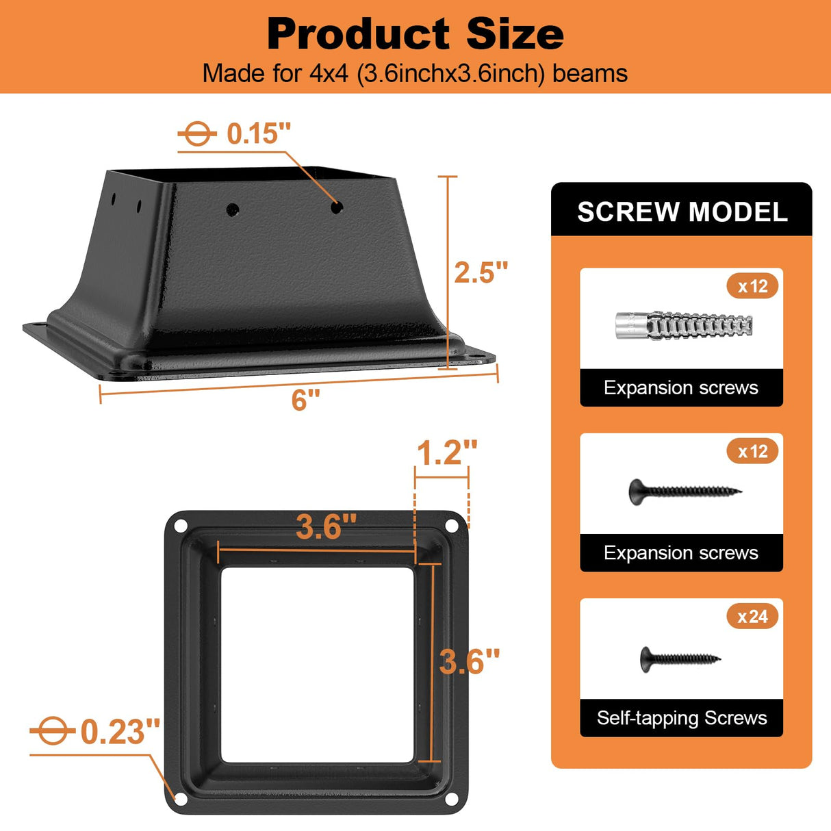 4x4 Post Base 5Pcs, Internal 3.6"x3.6" Heavy Duty Powder-Coated Steel Post Bracket Fit for Standard Wood Post Anchor, Decking Post Base for Deck Porch Handrail Railing Support FMhotu