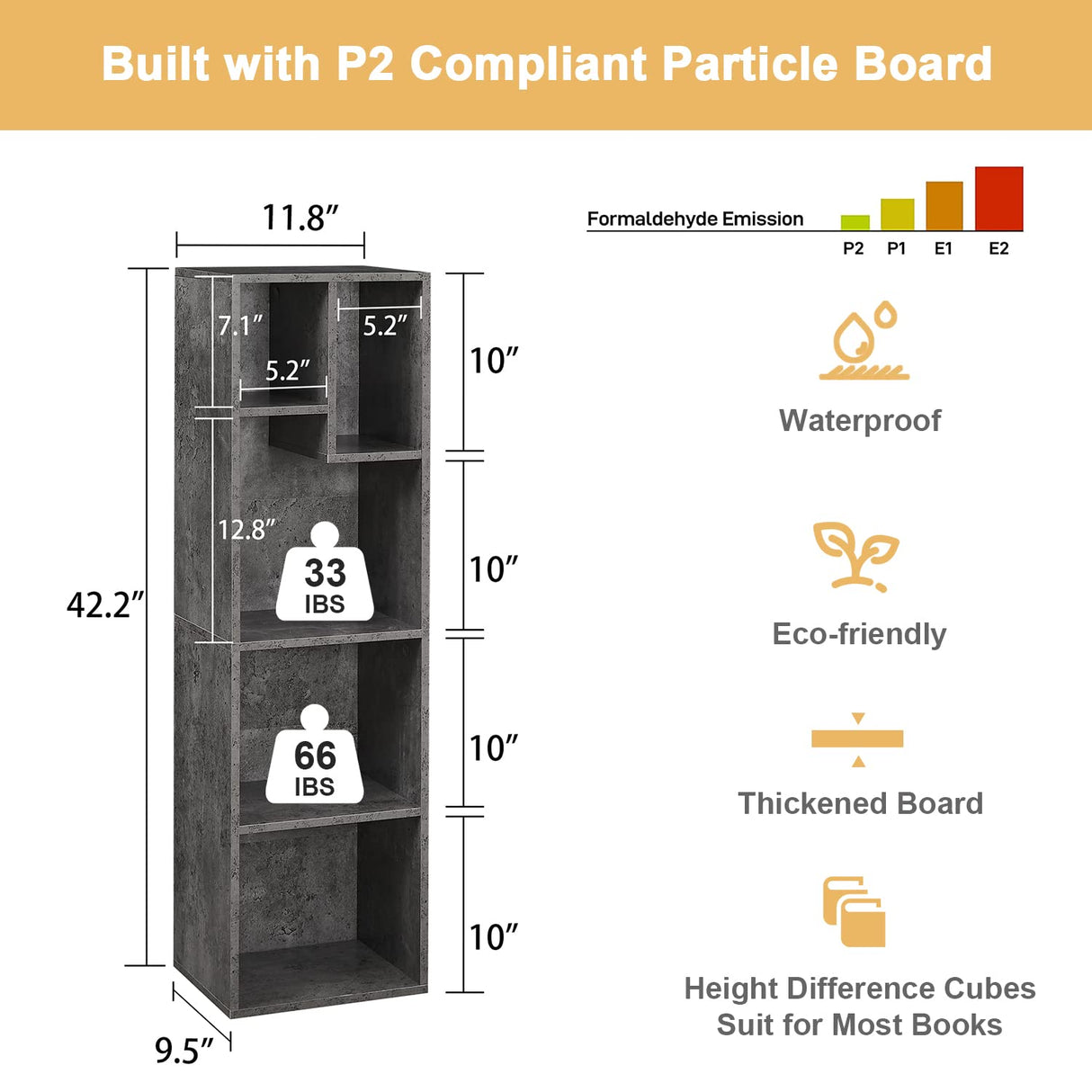 VECELO Small Bookshelf, 5 Cube Slim Bookcase, Fits Tallest Hardcovers, Horizontal Available, Modern Floor Standing Unit, Each Shelf Hold Up to 66 LBS,Modern Gray VECELO
