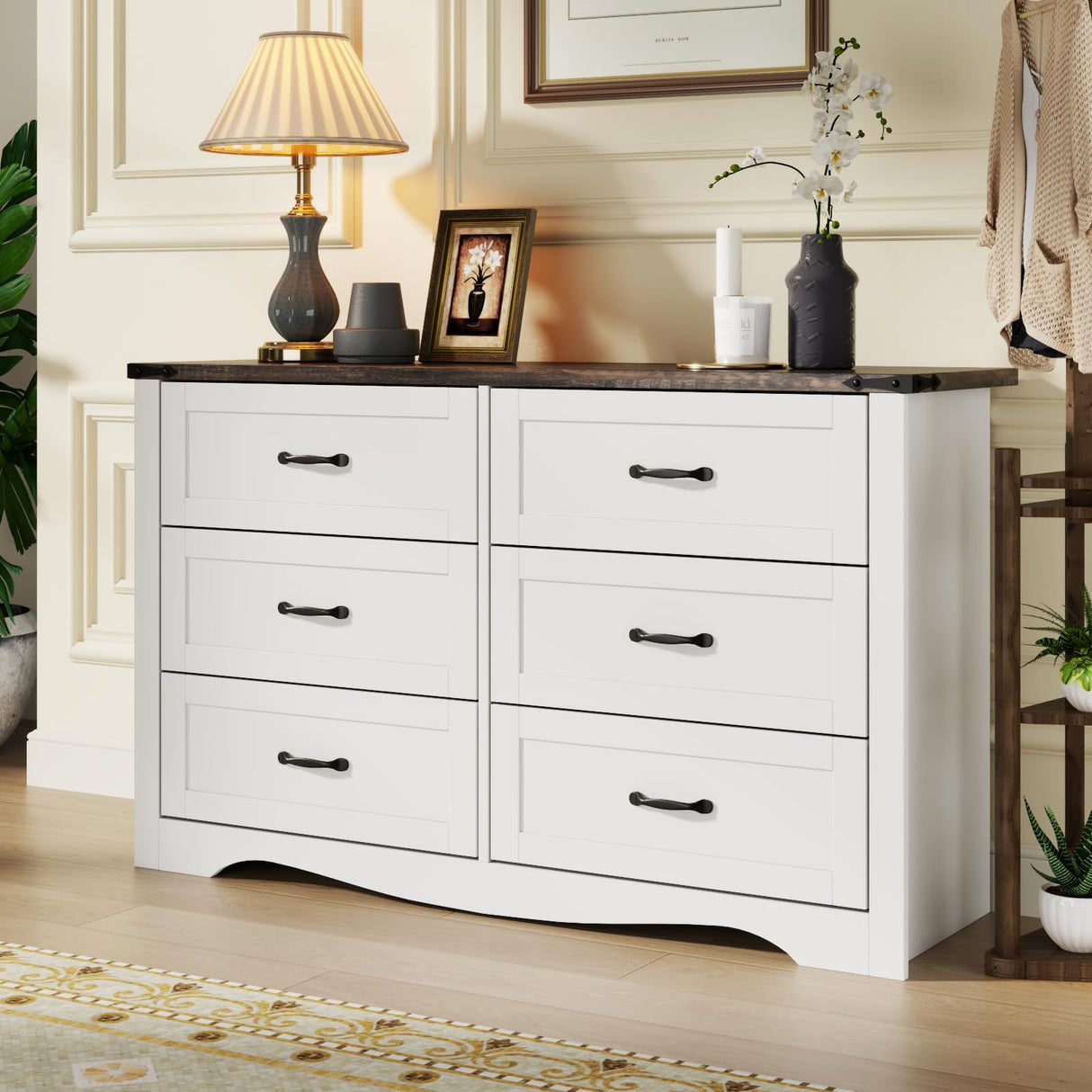 Loomie Farmhouse 6 Drawers Double Dresser for Bedroom, Modern White Dresser Chest of Drawers, Wide Dressers Organizer, Accent Storage Cabinet for Closet, Living Room, Hallway, Antique White Loomie