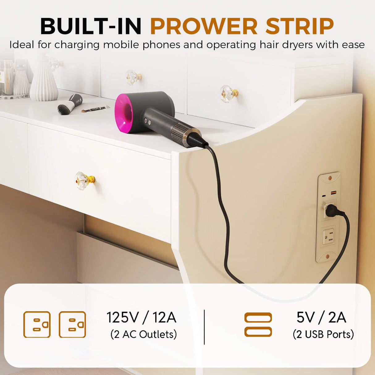 COMHOMA Makeup Vanity Desk with Mirror and Lights, Vanity Table and Chair Set with 5 Drawers and Charging Station, Bedroom Dresser LED Mirror Stepless Dimmable & 3 Color Modes Adjustable, White COMHOMA