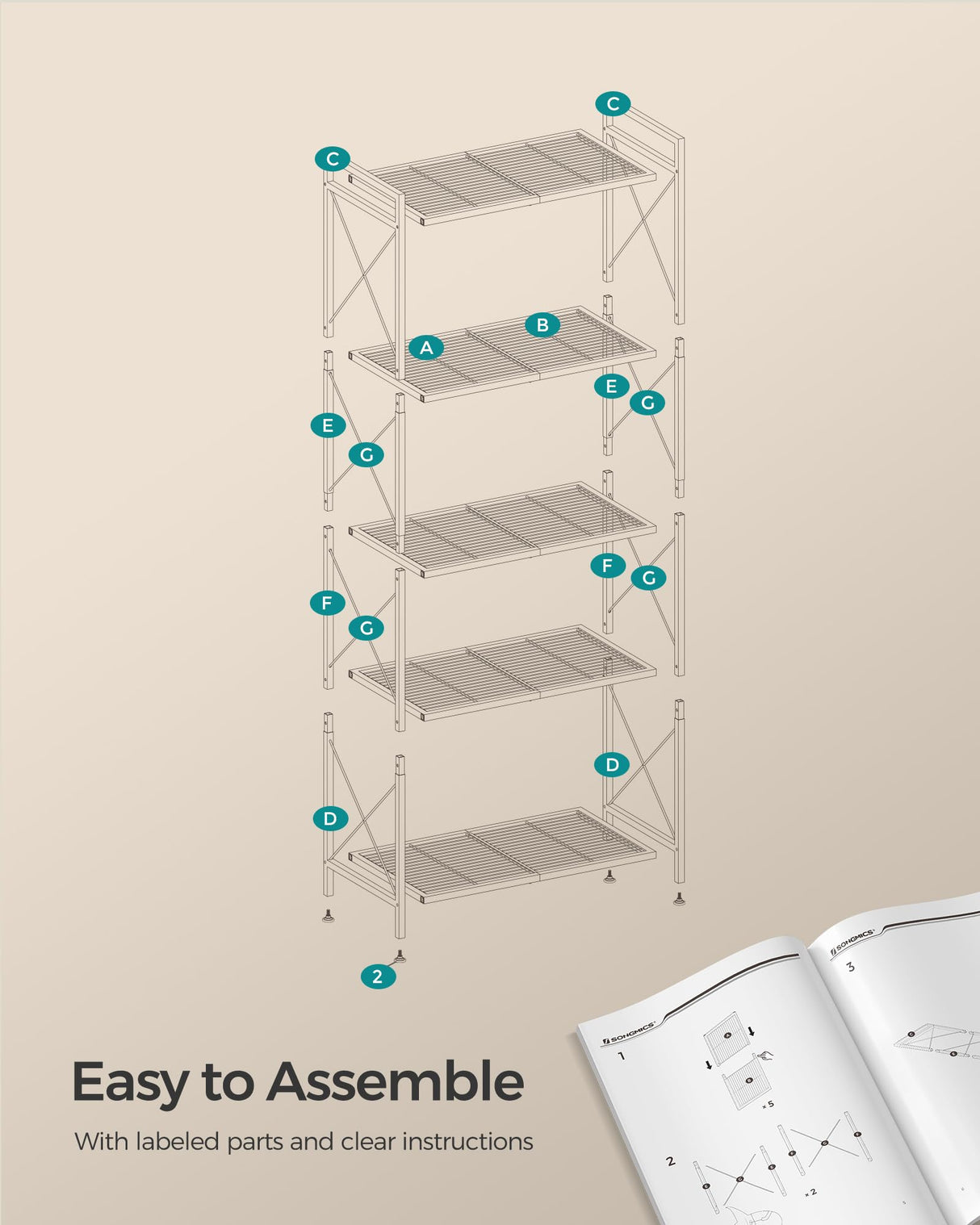 SONGMICS 5-Tier Metal Storage Rack, Shelving Unit with X Side Frames, Dense Mesh, 12.6 x 23.6 x 57.3 Inches, for Entryway, Kitchen, Living Room, Bathroom, Industrial Style, Cloud White UBSC165W01 SONGMICS