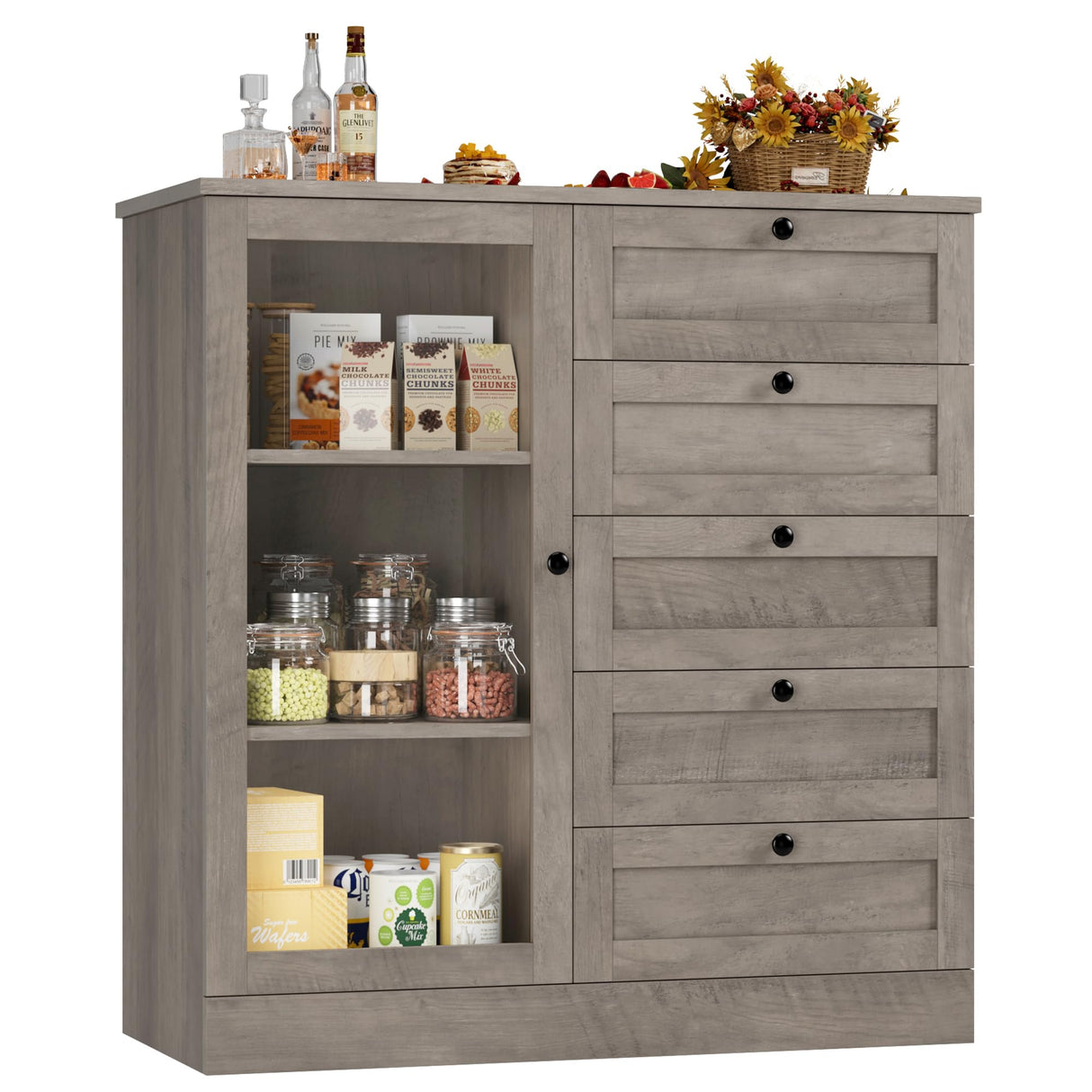 HOSTACK 5 Drawer Dresser with Door, Storage Cabinet with Drawers and Shelves, Wide Wood Dresser, Modern Chest of Drawers Organizers for Living Room, Kitchen, Hallway HOSTACK