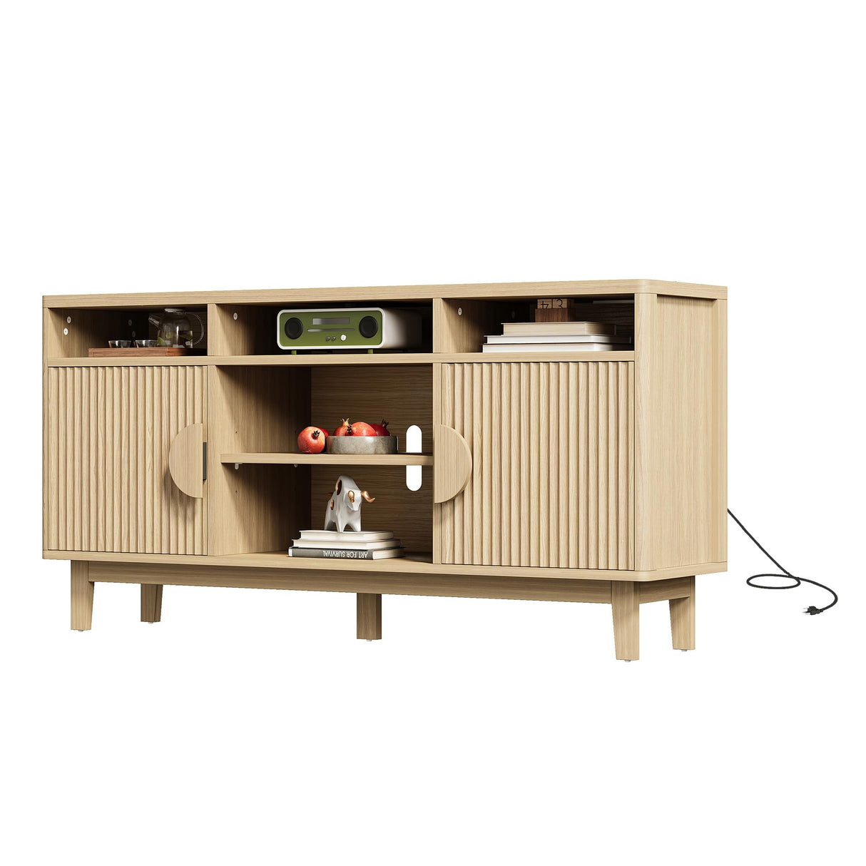 IRONCK TV Stand for 65 Inch TV, 59 Inch Entertainment Center with Storage and Charging Station, Modern Media Console with 3 Adjustable Shelf, Fluted Doors Design, Natural Oak IRONCK