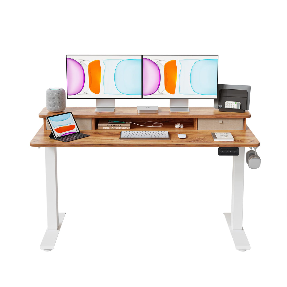 BANTI 55x24 Inch Electric Standing Desk with Double Drawers, Adjustable Height Stand Up Desk, Sit Stand Home Office Desk with Storage Shelf, Light Rustic Brown Top BANTI