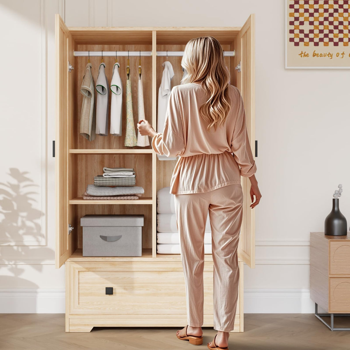 VINGLI Wardrobe Closet, Armoires and Wardrobes with Doors,Hanging Rod, Shelves and Drawer, Freestanding Closet Wardrobe Cabinet, Oak Armoire Wardrobe for Bedroom, Dorm, 38" W x 21" D x 65" H VINGLI