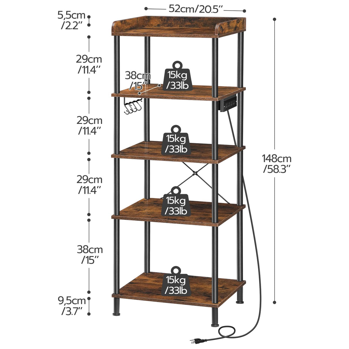 HOOBRO Rustic 5-Tier Kitchen Bakers Rack with Power Outlet and 4 Hooks HOOBRO