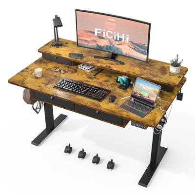 FICIHI Adjustable Height Standing Desk with 4 Drawers & Wheels,55 x 30 inches Electric Sit Stand Desk for Home Office,3 Memory Presets,Monitor Stand Riser,USB A/C Charging Port