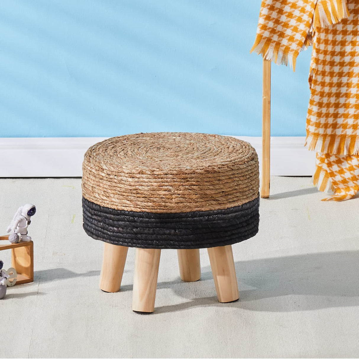 Cpintltr Ottoman Natural Seagrass Footrest Poufs Hand Weave Round Foot Stool for Couch Desk Soft Step Stool Padded Foot Rest with Pine Legs for Living Room Bedroom Natural/Black Cpintltr