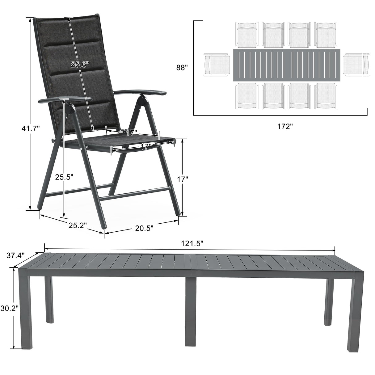 PURPLE LEAF 11 Pieces Outdoor Patio Dining Set with 10 Folding Portable Chairs and 1 Rectangle Aluminum Table, Foldable Adjustable High Back Reclining Chairs with Soft Cotton-Padded Seat, Black PURPLE LEAF