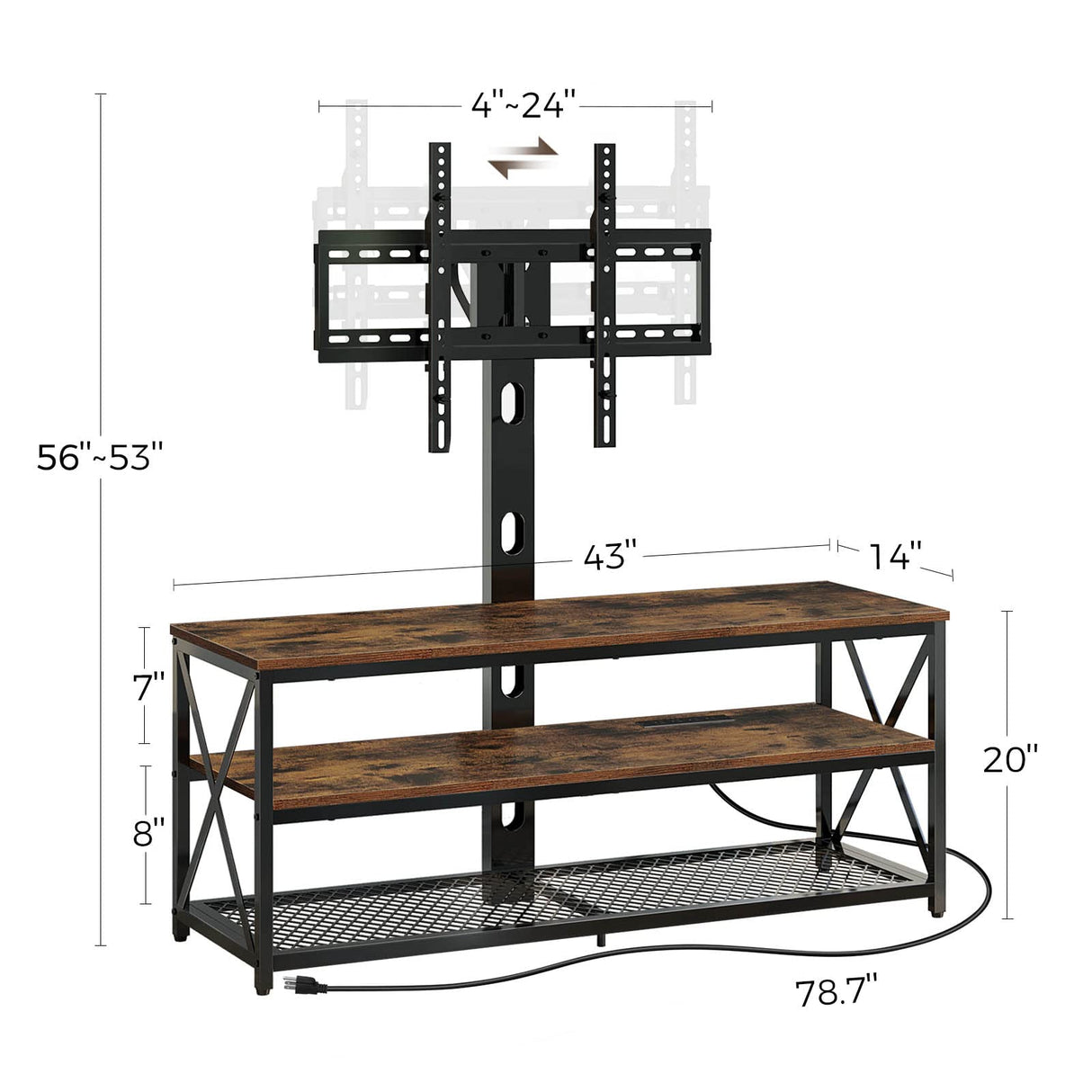 Seventable TV Stand with Mount and Power Outlet 43", Swivel TV Stand Mount for 32/45/55/60/65/70 inch TVs, Height Adjustable TV Entertainment Center with Cable Management, Rustic Brown Seventable