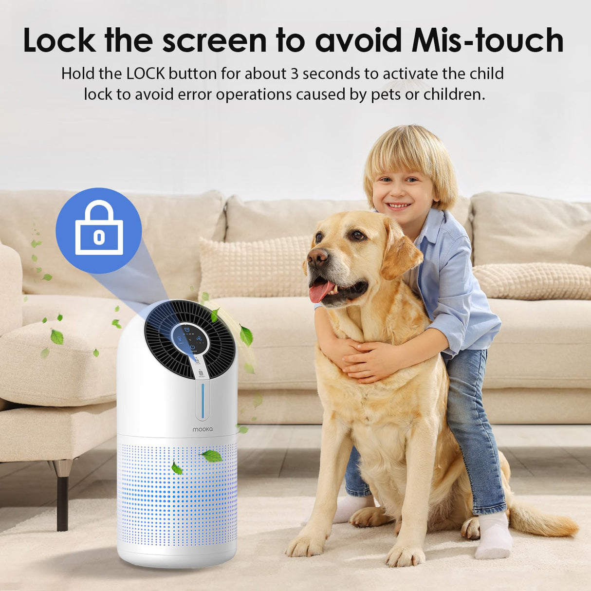 MOOKA Air Purifiers for Home Large Room up to 1095ft², H13 HEPA Filter Air Cleaner for Pets Bedroom Remove Smoke Dust Pollens Dander, Room Air Purifier with Timer Lock 4 Modes Night Light, M02 MOOKA