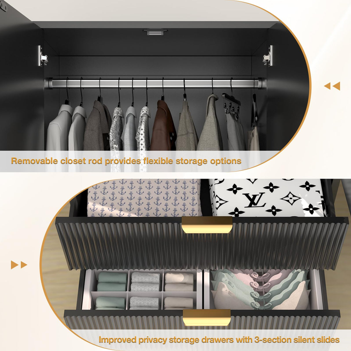 PPorfamilia 70" Wardrobe Closet with 2 Doors and 2 Drawers, Clothing Storage Cabinets with Hanging Rod, Modern Wooden Armoire Wardrobe Closet with Gold Handles for Bedroom Armoires Laundry PPorfamilia