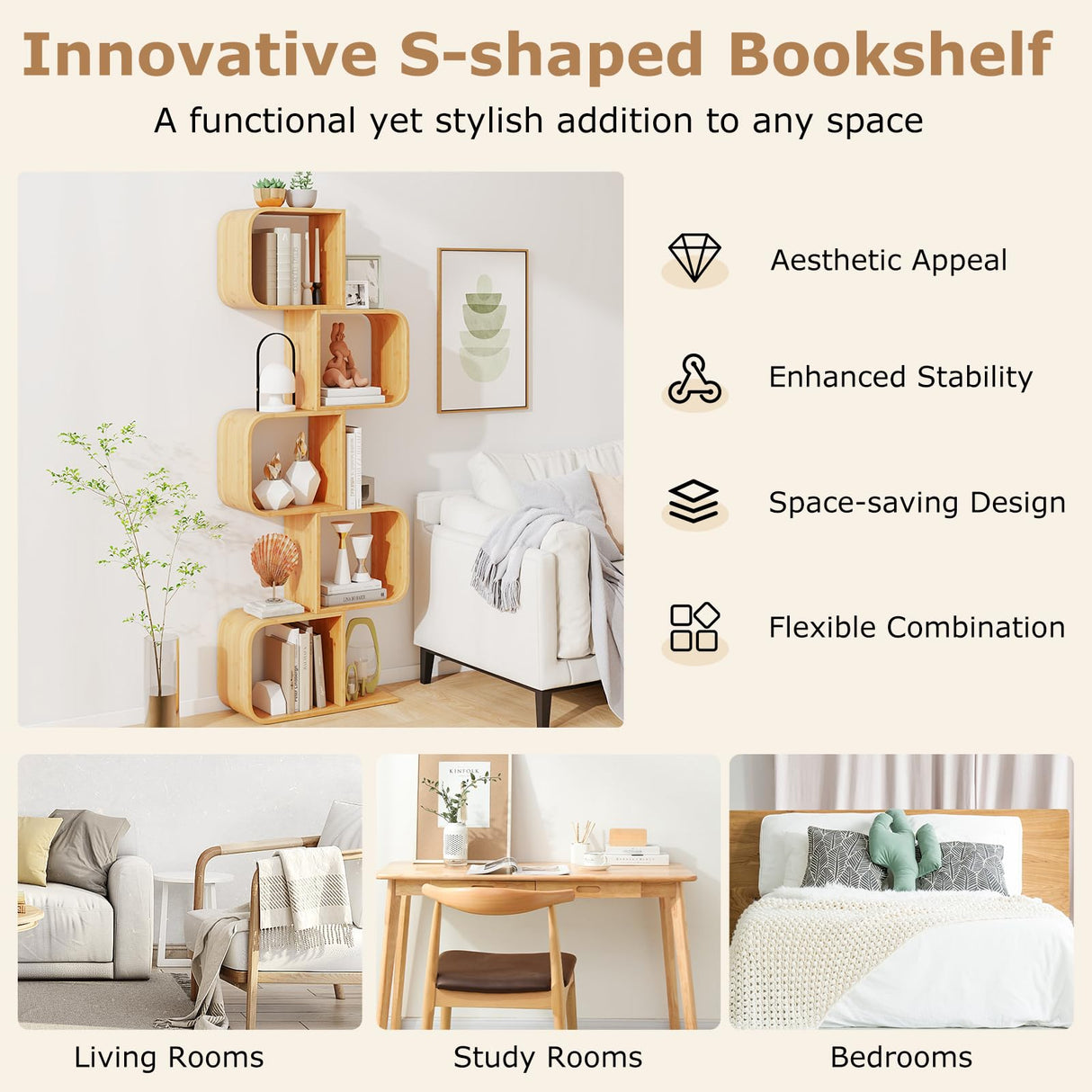 Tangkula Bamboo Geometric Bookshelf, 5-Tier S-Shaped Bookcase w/Open Cubes & Anti-Tipping Device, Freestanding Display Shelf Storage Organizer for Living Room, Study, Home Office (1, 5-Tier) Tangkula