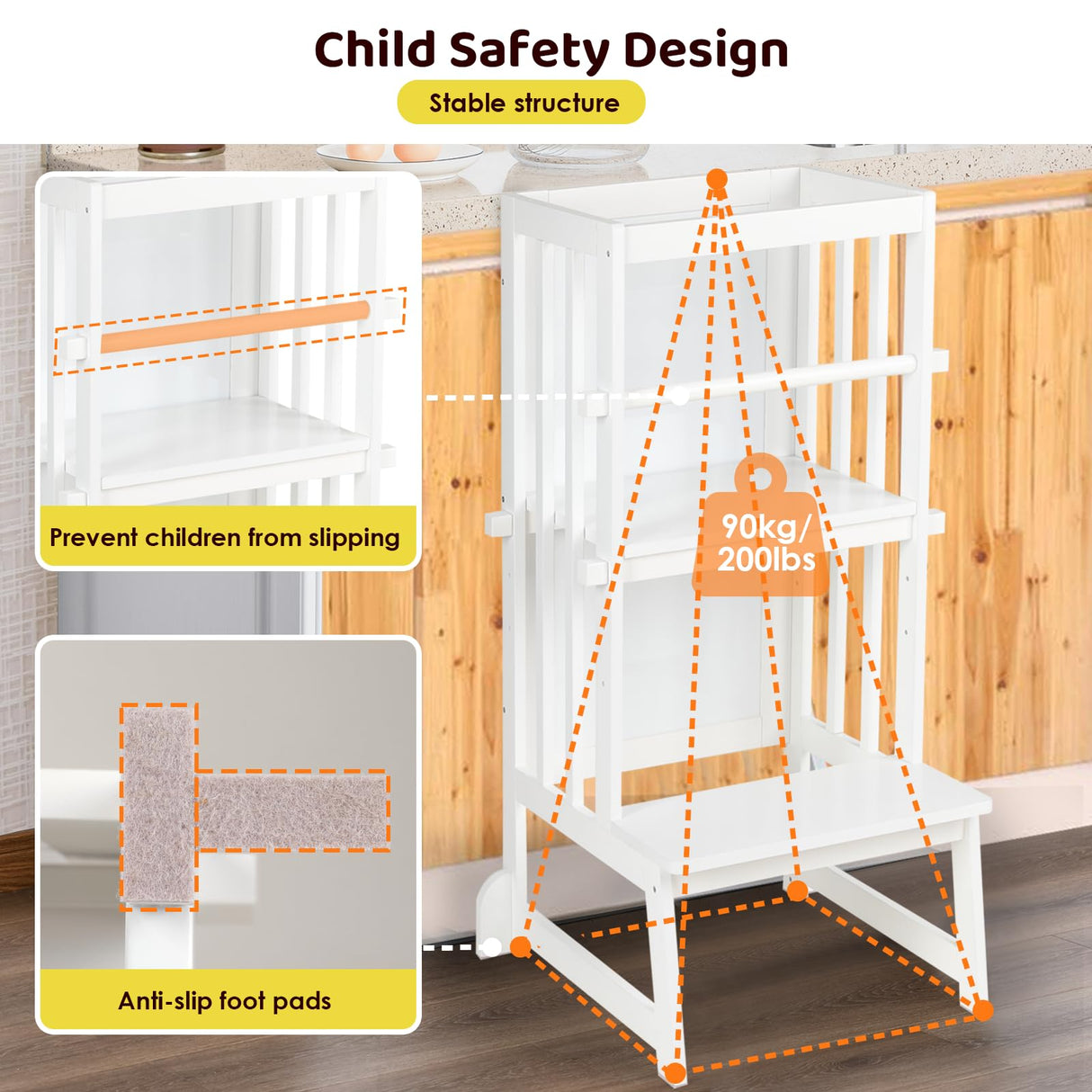 3 Height Adjustable Kids Step Stool, A-Shaped Structure Kids Standing Tower, Wooden Toddler Tower, Kids Standing Tower Aged 18-36 Months,with Safe Fences,Anti-Slip Pads Suit in Kitchen/Bathroom,White KIDINIX