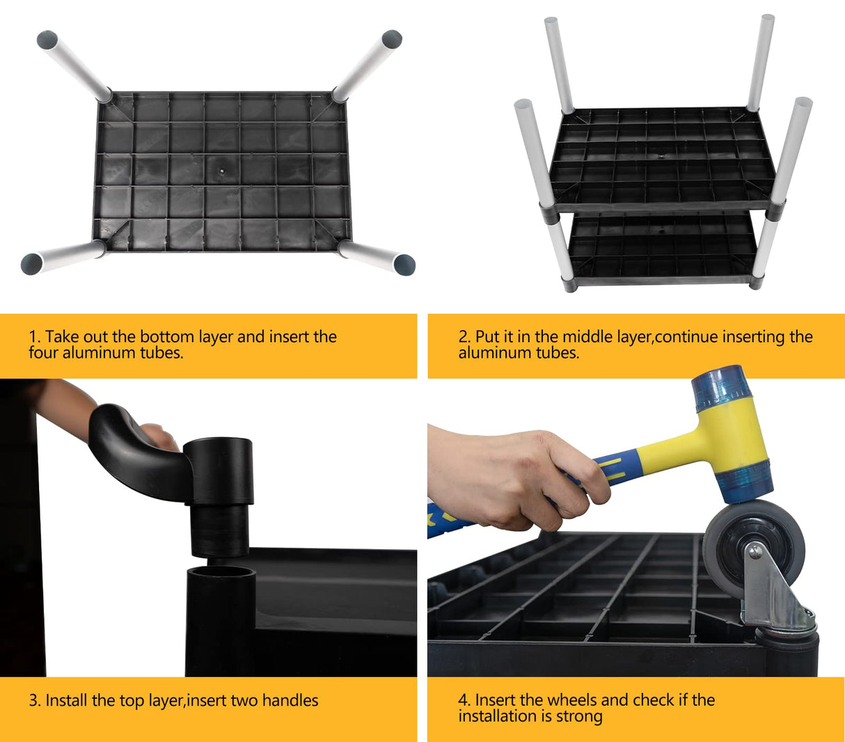 PELOEMNS Plastic Utility Carts with Wheels, Heavy Duty 510lbs Capacity Rolling Service Cart, 3-Tier Restaurant Food Cart with Hammer for Office, Warehouse, Garage (Lockable Wheels, Black) PELOEMNS