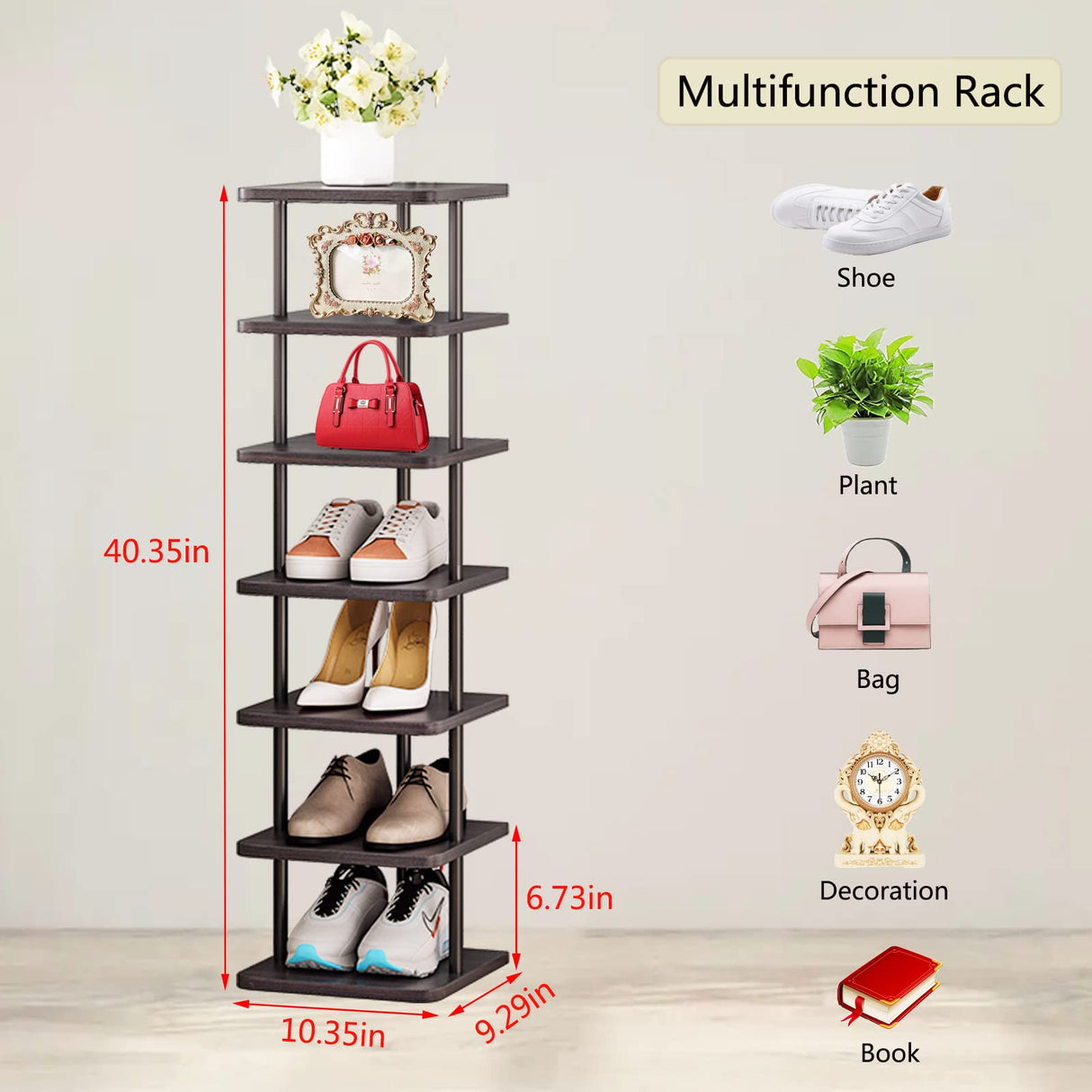 SORCEDAS Vertical Shoe Rack Tall Narrow Shoe Shelf Storage 7 Tier Corner Shoe Organizer for Closet Entryway Garage(Black + Rustic Dark Brown) SORCEDAS