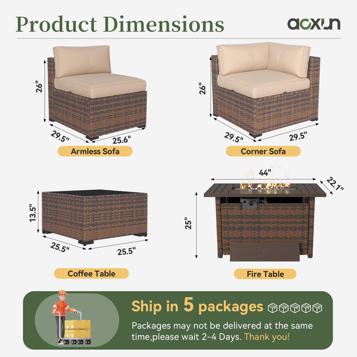 Aoxun 15 Piece Patio Furniture Set with 44” Fire Pit Table Wicker Rattan Outdoor Sectional Sofa Set with Coffee Table and Thickened Cushions, Beige (Waterproof Cover Included) Aoxun