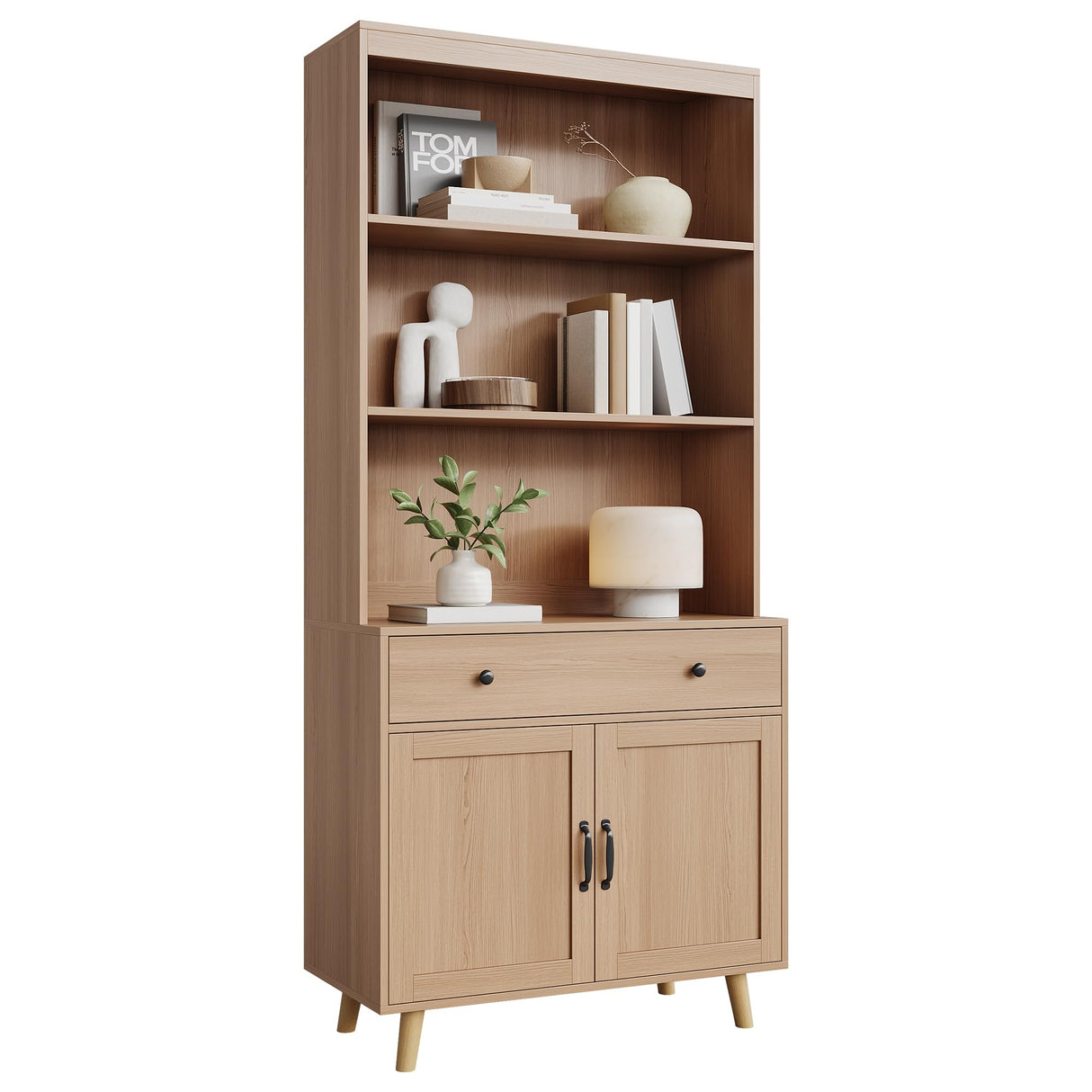 GarveeHome Tall Bookshelf with Storage Cabinet, 72.4" Wood Bookcase with Doors, Drawer & Open Shelves, Freestanding Display Bookshelves for Home Office, Living Room, Bedroom, Kitchen GarveeHome