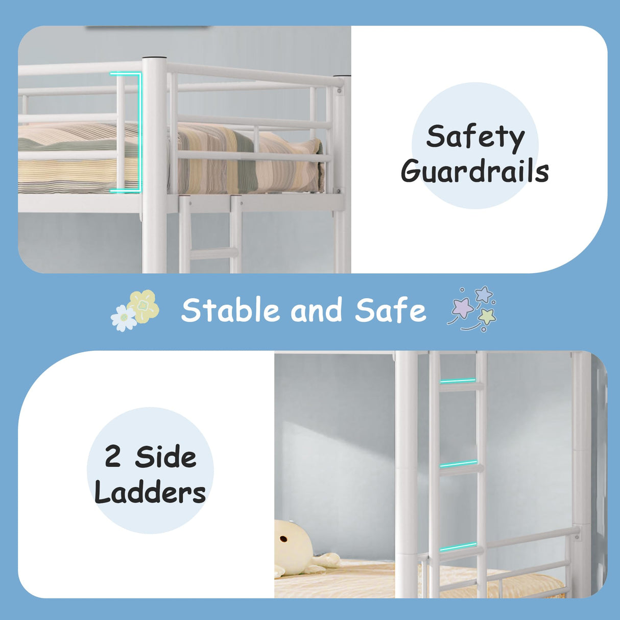 VECELO Twin Over Twin Bunk Bed with Built-in Ladder and Safety Guardrail, Heavy Duty Metal Bunkbeds, Space Saving, No Box Spring, White VECELO