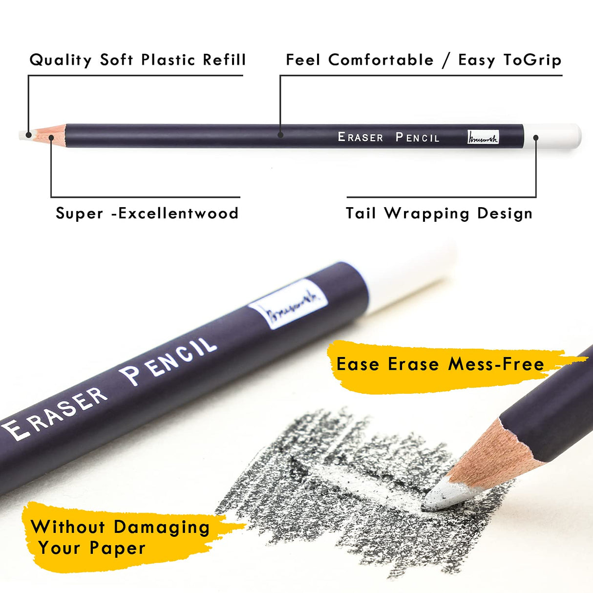 Brusarth 3pc Eraser Set - Fine Detail Eraser for Sketching, Charcoal Drawings & Colored Pencils Brusarth