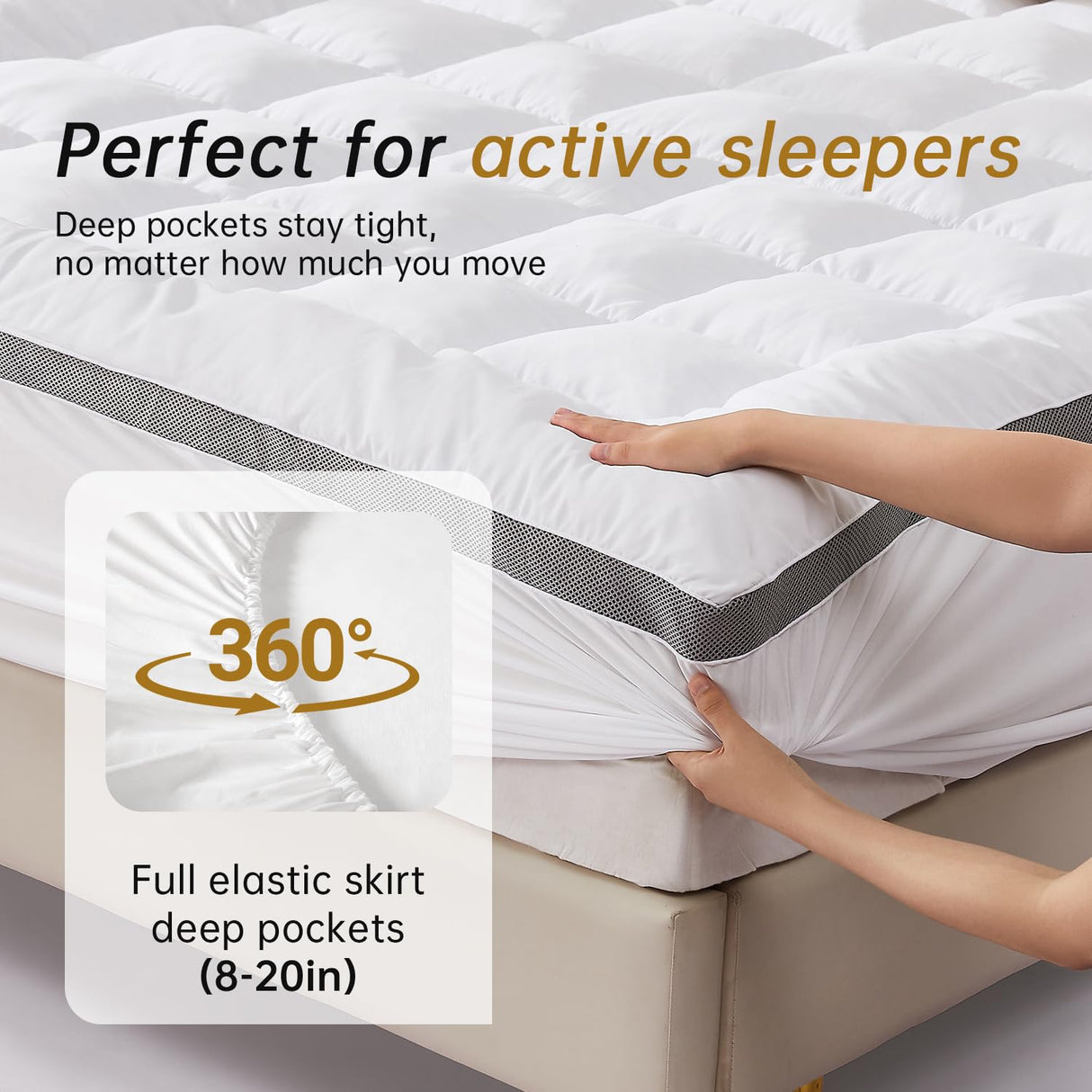 SAPHREAS Queen Size Mattress Topper 3 inch with 8-20 inches Stretchable Pockets, Soft Pillow Top Mattress Pad for Back Pain Relief with Breathable Air Mesh Sides SAPHREAS