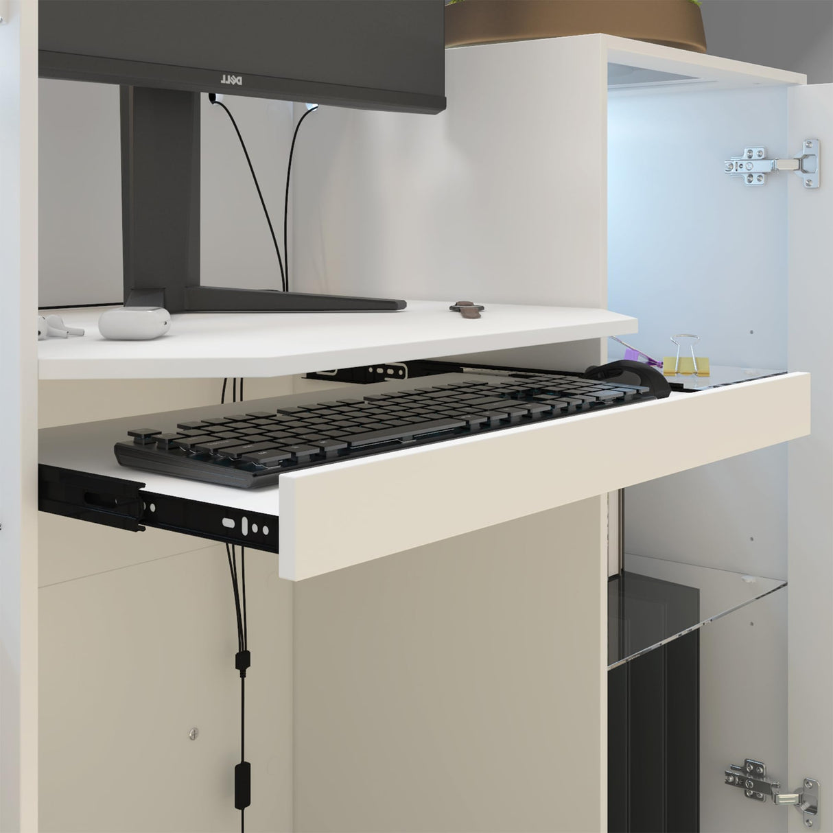 WOODTIME Reception Desk with LED Light & Keyboard Tray, Retail Counter with Cabinet & Glass Adjustable Shelves, Checkout Counter Table for Office Clinic Retail Lobby Salon, White WOODTIME