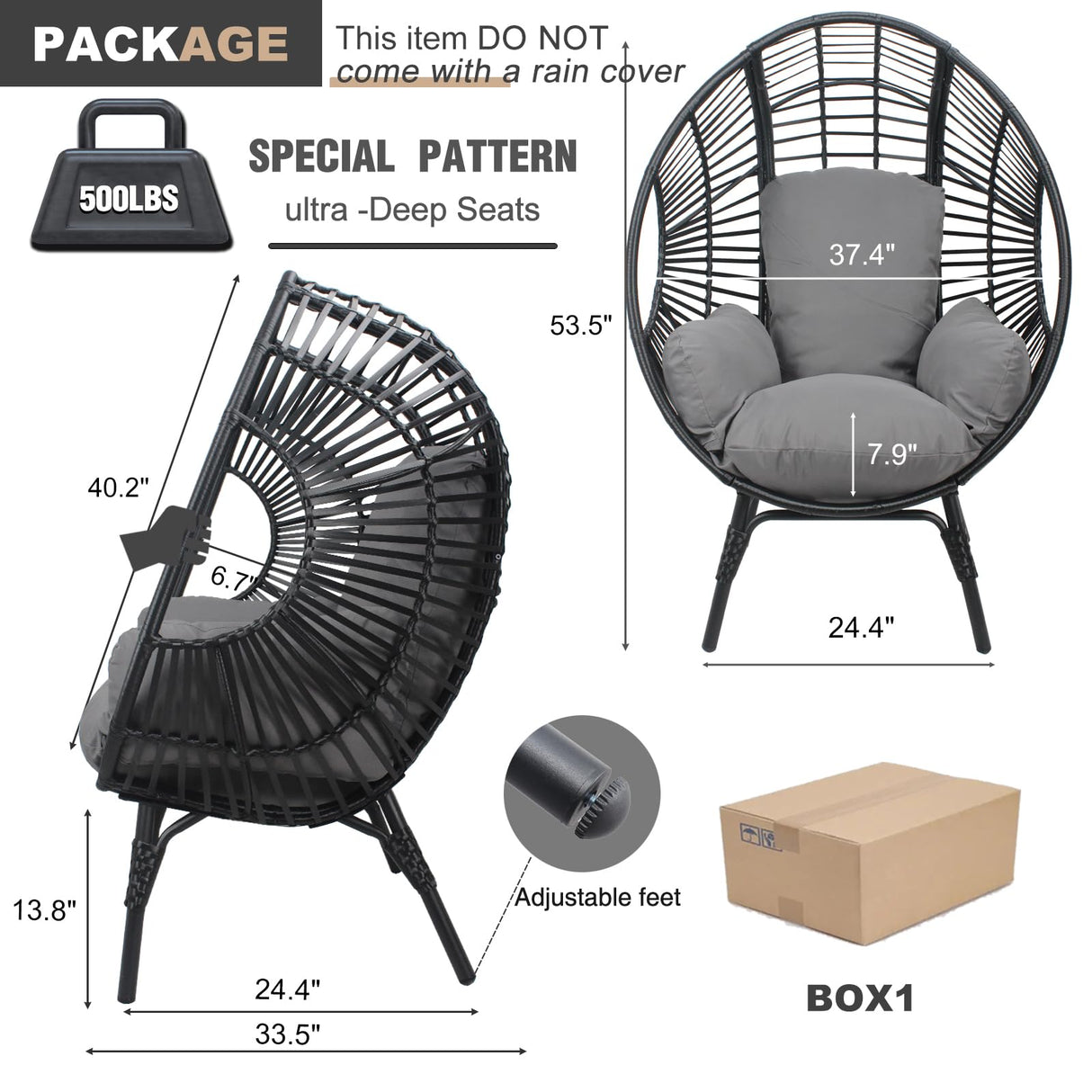 CHINNLUU Outdoor Egg Chair Wicker Oversized Egg Basket Chair with Stand Lounger Chairs with Cushion 500lbs Capacity for Patio Garden Backyard Balcony CHINNLUU