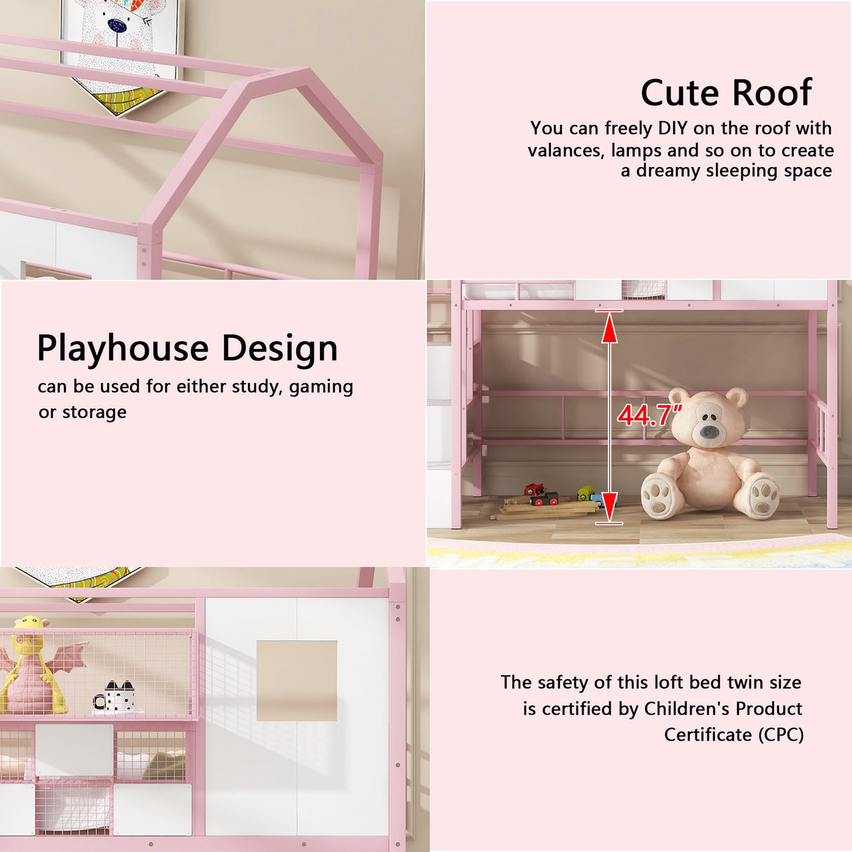 Twin Loft Bed with Storage Stairs and Guardrails in Pink, House-Style Design by Bellemave Bellemave