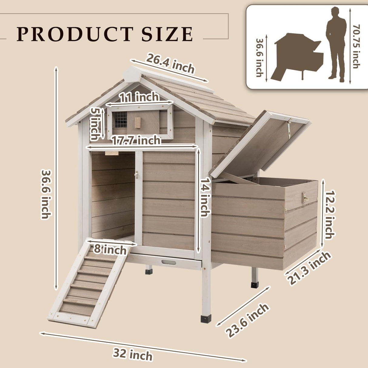 Ketive Chicken Coop Chicken House Outdoor with Removable Trays, Wooden Rabbit Hutch Poultry Cage with Nesting Box, Indoor Hen House Chicken Cage with Ramp for Garden Backyard (32"L x 23.6"W x 36.6"H) ketive