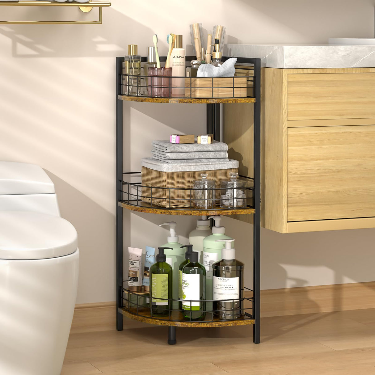 DAOUTIME Bathroom Standing Shelf, 3 Tier Open Floor Shelves, Free-Standing Shelf Units, Triangular Curved Corner Shelf Stand for Small Space, Ideal for Bathroom,Kitchen,Vanity Storage and Organizer DAOUTIME