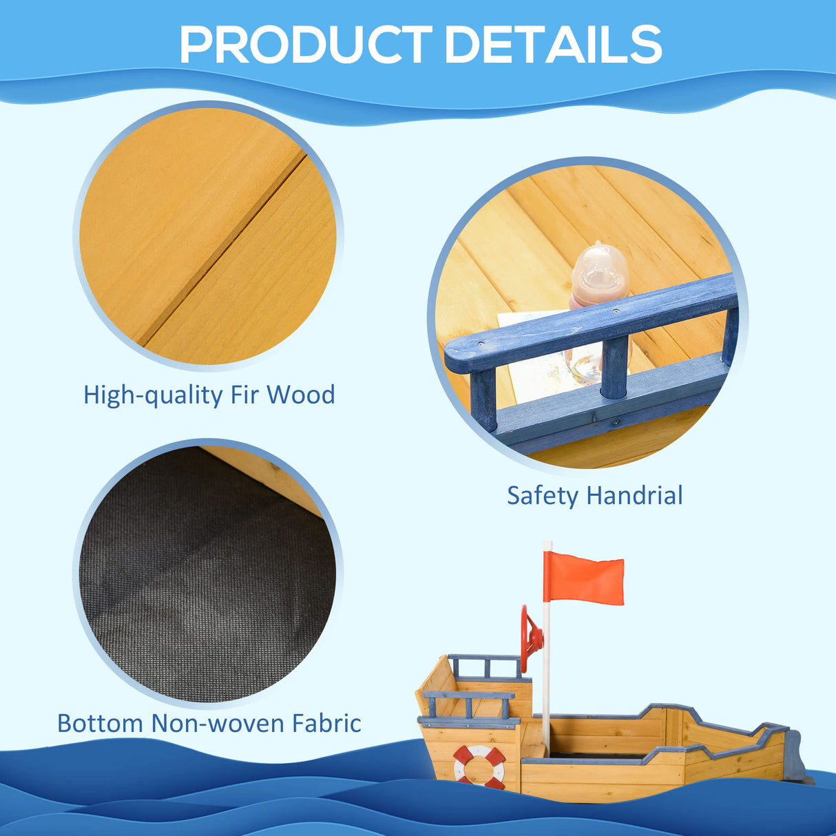 Outsunny Wooden Kids Pirate Sandbox, Outdoor Sandboat with Bench Seats, Storage, Non-Woven Fabric Cloth for Backyard, Lawn Outsunny