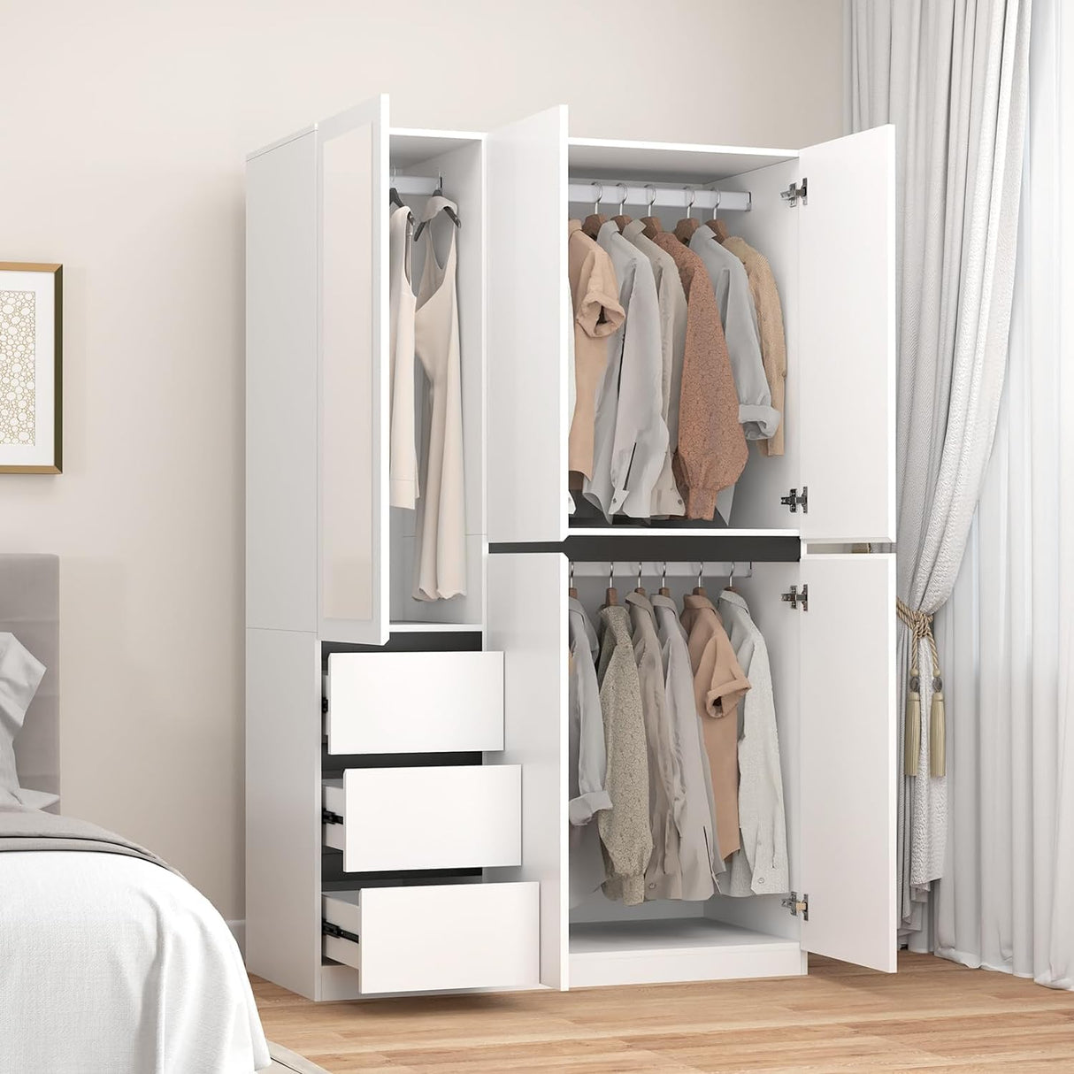 Wakefit 5 Door Armoire Wardrobe Closet with 3 Drawers & Mirror, Wooden Bedroom Armoires with Shelves and Hanging Rod, Freestanding Wardrobe Cabinet for Bedroom, Guest Room (White) Wakefit
