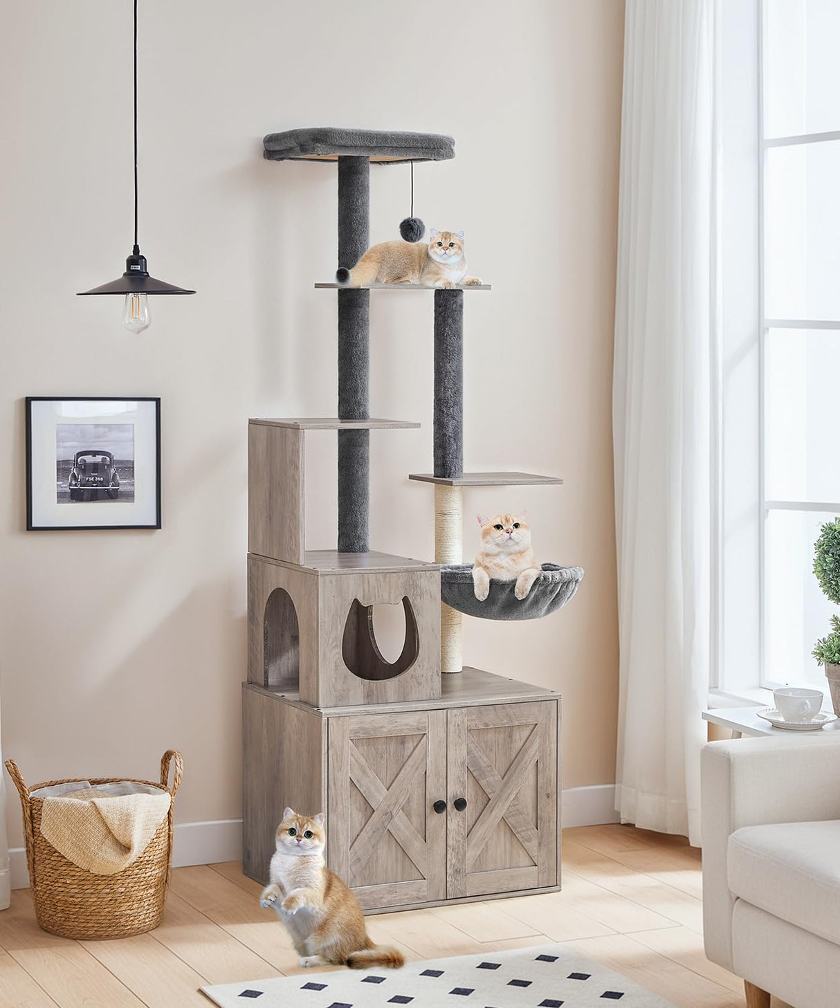 HOOBRO Cat Tree with Litter Box Enclosure, 67.7" H Wooden Multifunctional Pet Furniture with Hidden Litter Box, Perch, Hammock and Scratching Post, Cat Tower for Indoor Cats, Greige BG75MZ03 HOOBRO