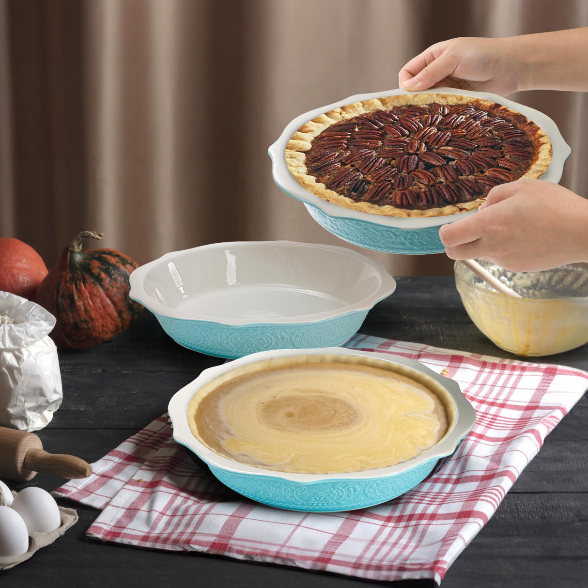 SOUJOY 2 Pack 11 Inch Pie Pan, Ceramic Embossment Baking Dish, Non-Stick Pie Plate with Soft Wave Edge, Deep Pie Dish or Tart, Pizza, Apple Pie, Quiche, Pot Pies, Cake SOUJOY