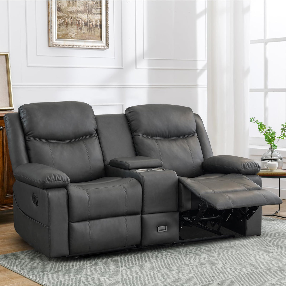 B BAIJIAWEI Loveseat Recliner, Reclining Sofa with Console, Double Reclining Couch, 2 Seater Manual Massage Couch for Living Room, Office, Home Theater(PU-Grey) B BAIJIAWEI