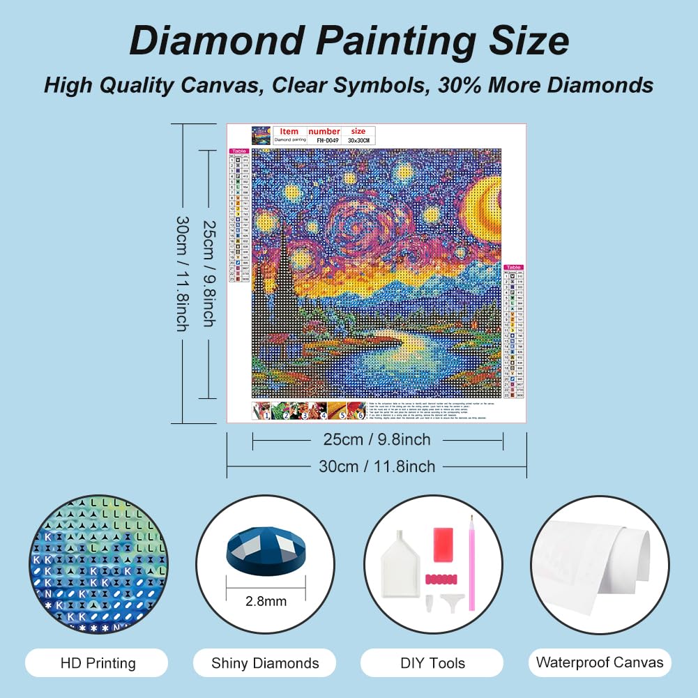 FHBUBPUP Starry Night Diamond Painting Kits for Adults, Starry Sky Diamond Art Kits, Full Drill Round Gem Art, DIY Landscape Paint with Diamond Beads Home Decor Craft Gift 12x12 inch FHBUBPUP