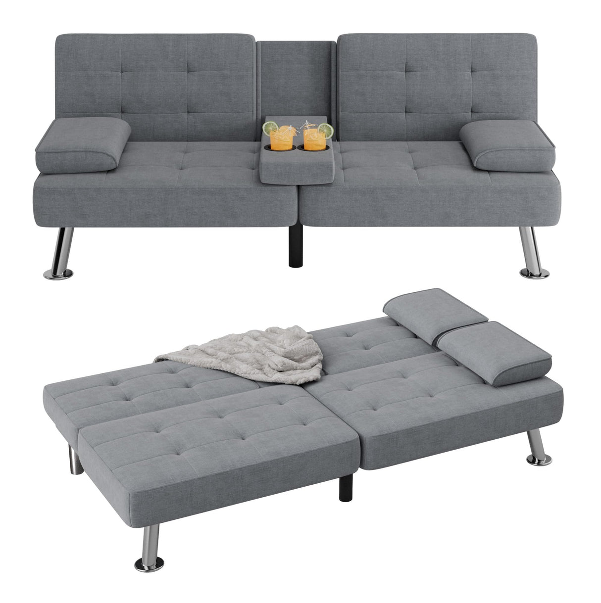 Flamaker Futon Sofa Bed Modern Folding Futon Set Linen Fabric Convertible Recliner Lounge for Living Room with 2 Cup Holders, Removable Armrests (Fabric, Grey) Flamaker