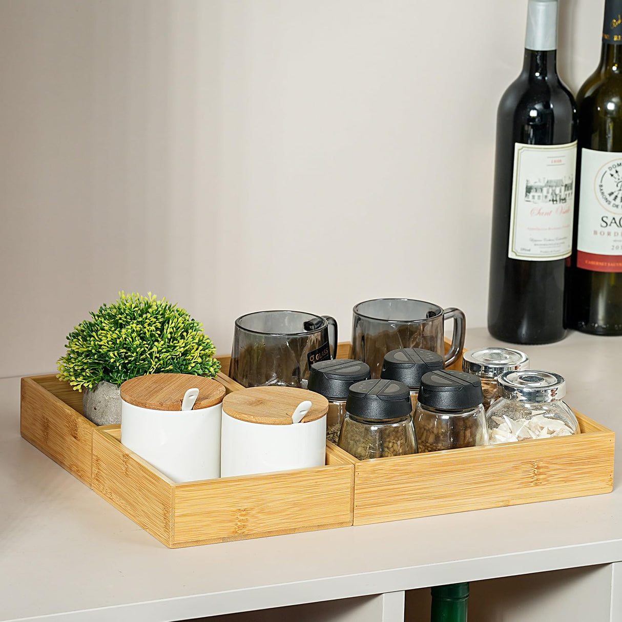 Fabsome Drawer Organizer, Set of 9 Bamboo Wood Kitchen Makeup Desk Junk Tea Drawer Storage Boxes Bins for Cutlery Silverware Utensils Flatware, Small Wooden Container Tray for Bathroom, Office Fabsome