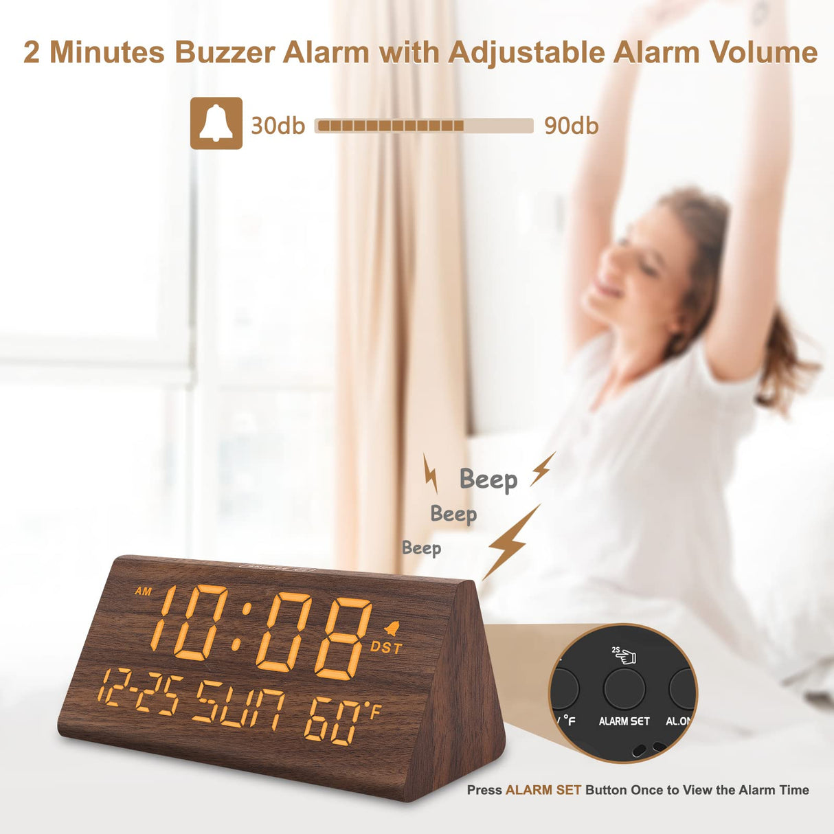 DreamSky Digital Alarm Clocks for Bedrooms - Wooden Desk Clock with Date, Day of Week, USB Port, Temperature, Dimmer for Bedside Table, Living Room, Office, Adjustable Volume, Auto DST, Wood Decor DreamSky