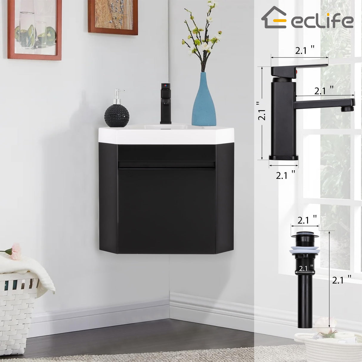 eclife 22" Corner Bathroom Vanity Sink Combo for Small Space Wall Mounted Floating Cabinet with White Resin Sink and Matte Black Faucet, Black eclife