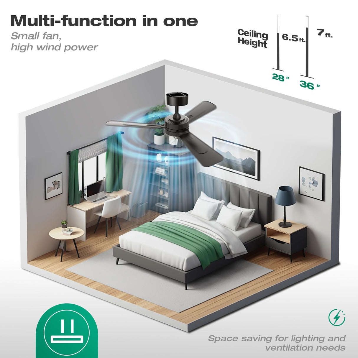 hinomy 36" Ceiling Fans with Lights,Ceiling Fans with Light and Remote,Easy-to-Install,Flush Mount,Reversible, 3000K-6500K, Dimmable, 6 Speeds,Ceiling Fan Light for Bedroom/Kitchen/Garage.Black. hinomy