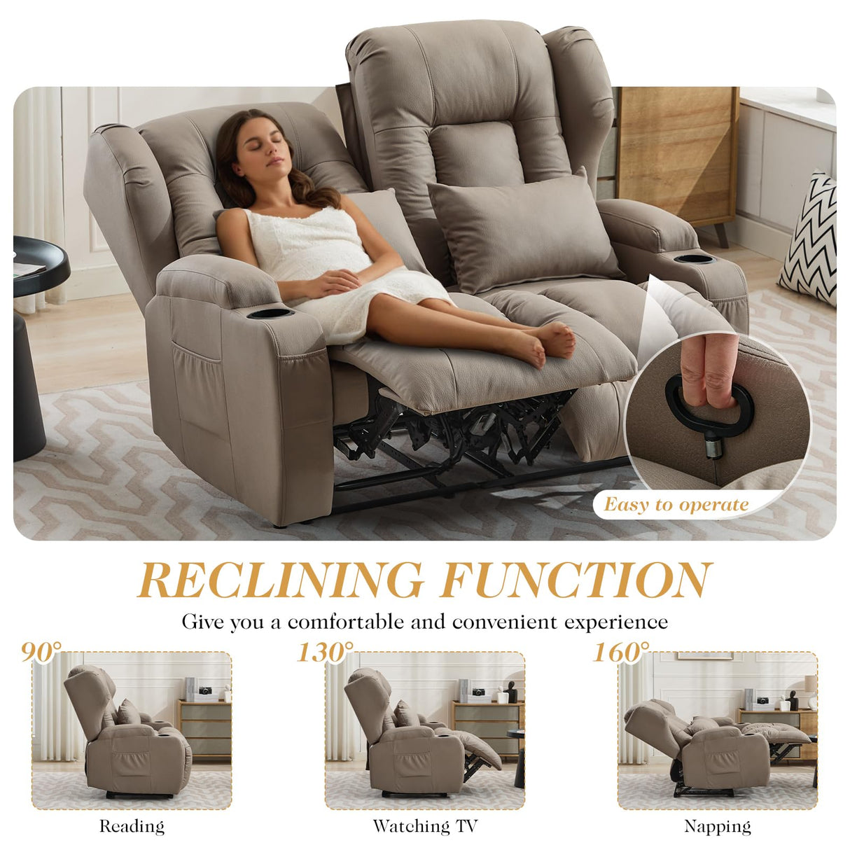 RV Loveseat Recliner Sofa,Reclining Loveseat Sofa Wall Hugger Recliners for Small Spaces, Double Manual Recliner Couches with Cup Holders for Living Room Furniture(Khaki, Loveseat) Generic