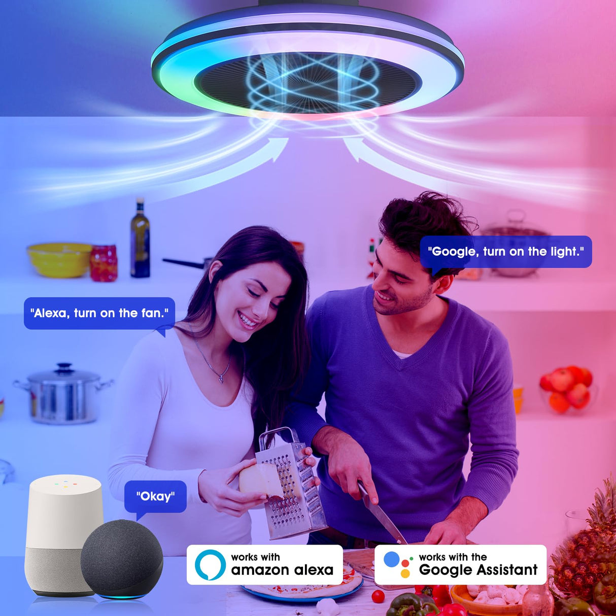 Smart WiFi&Bluetooth RGB Ceiling Fans with Lights and Remote,20"low profile ceiling fan with light,Compatible with Alexa,Google Assistant,App Control Color Changing LED,3000K-6000K,6 adjustable speed BESTECCT