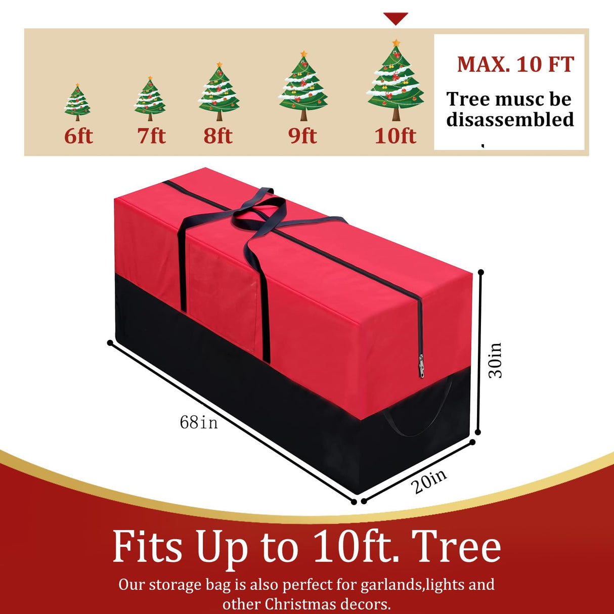Christmas Tree Storage Bag, Fits Up 10 Ft Tall Artificial Trees-Heavy Duty Holiday Storage Box with Durable Reinforced Handles & Zipper & Transparent Pocket- 600D Oxford Tree Storage Container, Red PLTCAT