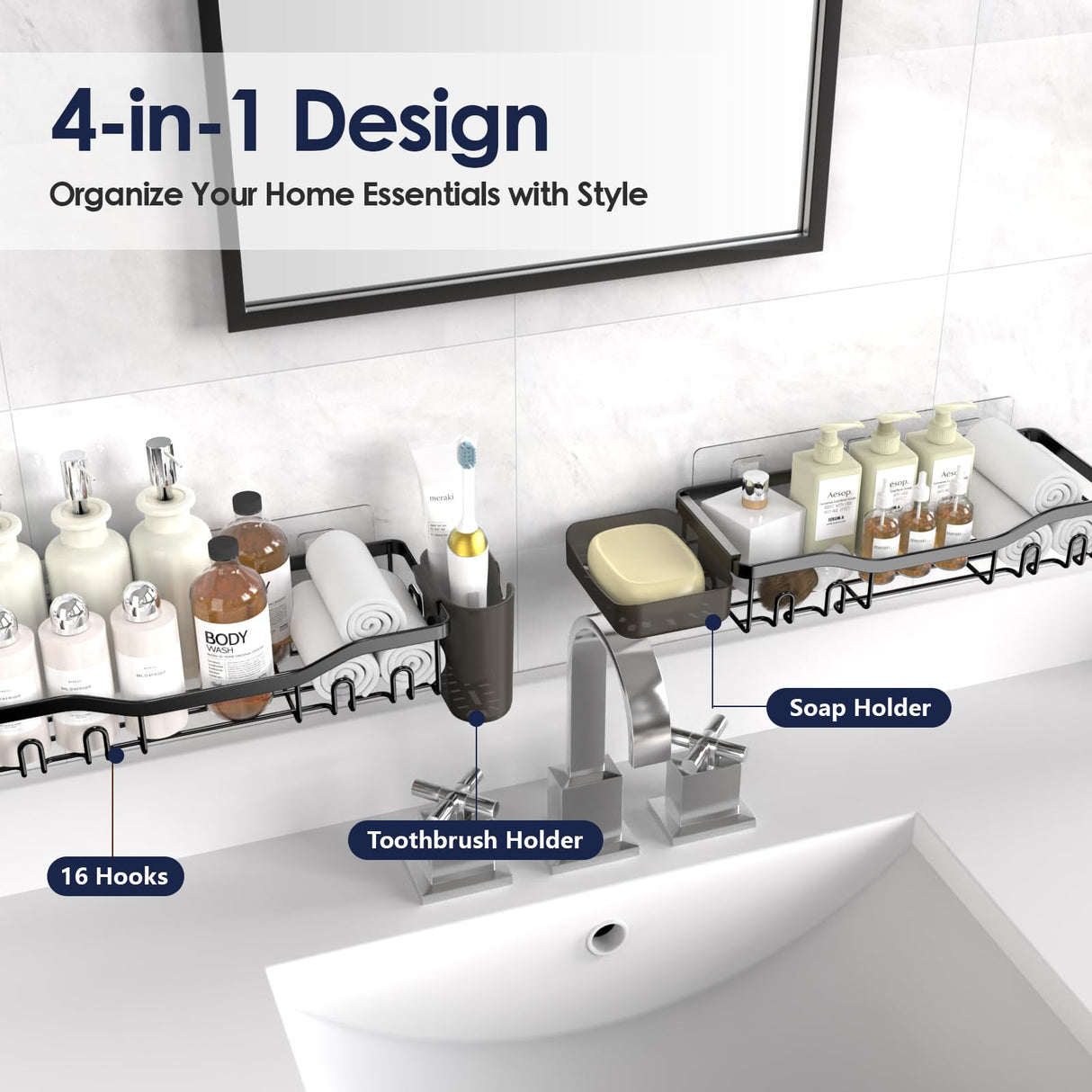 NESOMI Shower Caddy Adhesive Shower Organizer Rustproof Stainless Steel Bathroom Shelves, Large Capacity No-Drill Rack Storage Accessories with Soap Dish Toothbrush Holder & 16 Hooks Home Decor Black NESOMI