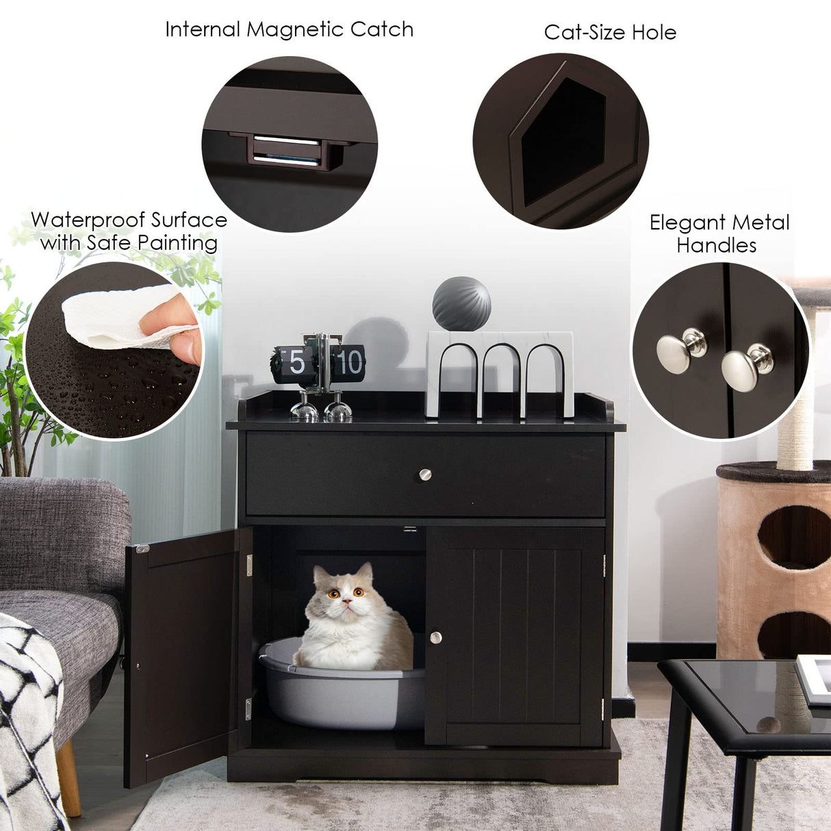 PETSITE Cat Litter Box Enclosure, Large Cat Washroom End Table with Drawer & 2 Doors, Wooden Cat House Storage Cabinet, Hidden Litter Box Furniture, Brown PETSITE