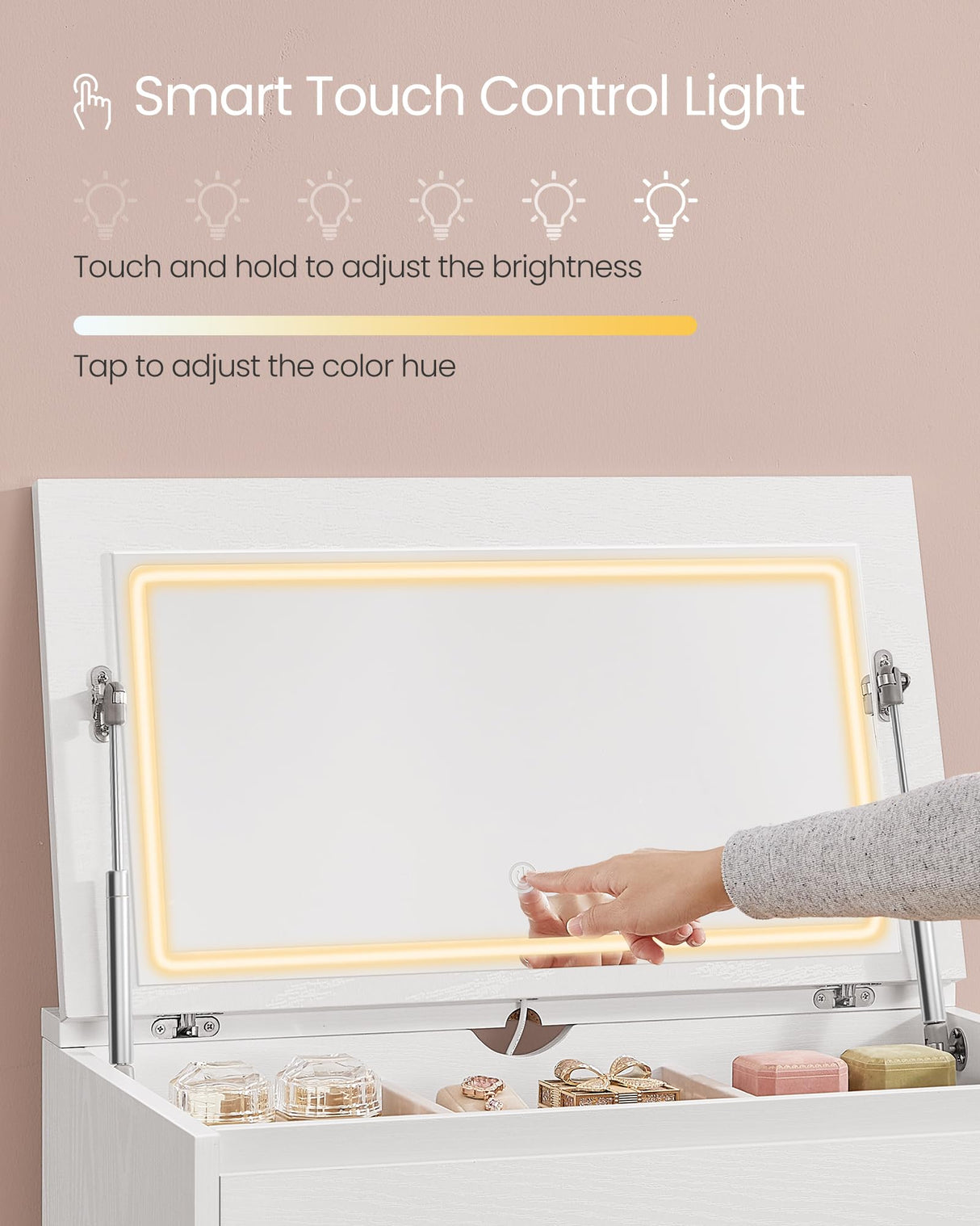 VASAGLE 5-Drawer Dresser with Mirror and Lights for Bedroom, Chest of Drawers, Storage Tower Unit, for Closet, Living Room, Entryway, Modern Minimalist Style, Snow White ULTS615W01 VASAGLE