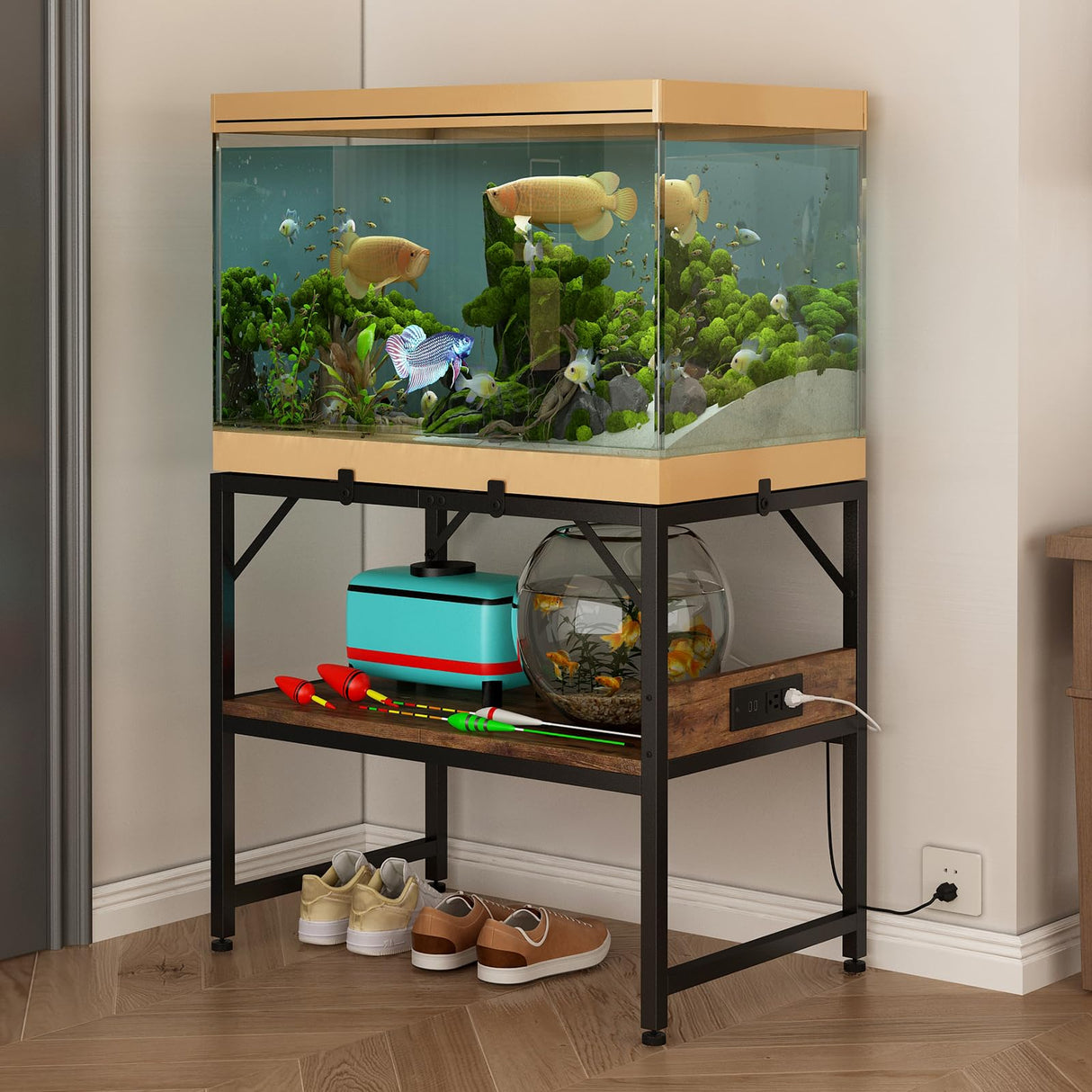 METYERRY Modern 20 Gallon Fish Tank Stand for Home Office, 2-Tier Aquarium Stand with Shelf for Storage, Fish Tank Table 24" x 12" x 21", Ideal for Breeder Tanks, and Reptile Terrariums, Rustic Brown METYERRY