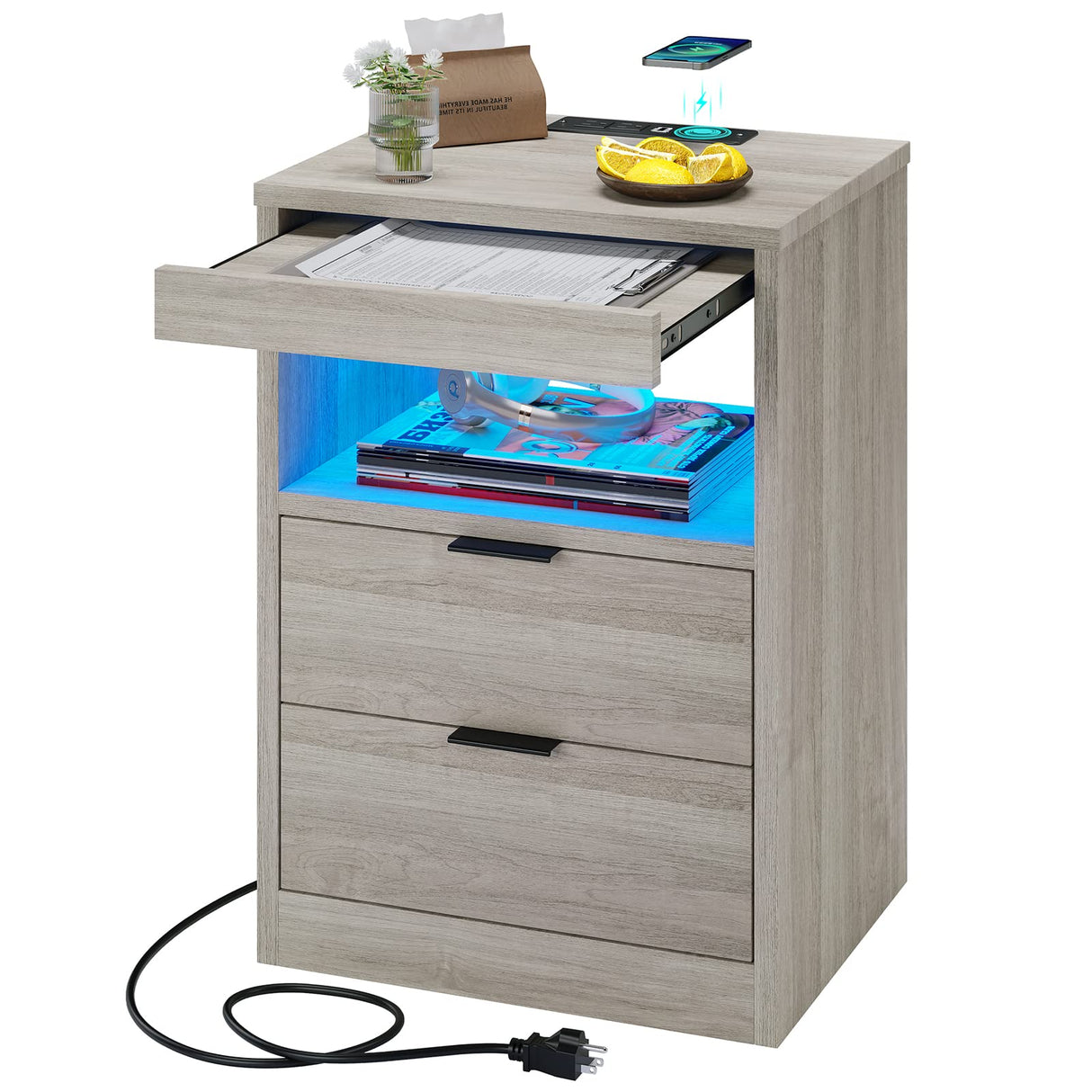Tiptiper LED Nightstand with Wireless Charging Station, Farmhouse Nightstand with LED Light, Rustic End Table Side Table with Drawers, Pull-Out Tray and Open Storage, Grey Wood Grain Tiptiper